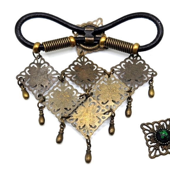 VINTAGE Brass Tone Beaded Dangle Green Stones Hair Barrette Clip Slide Boho - Picture 3 of 6